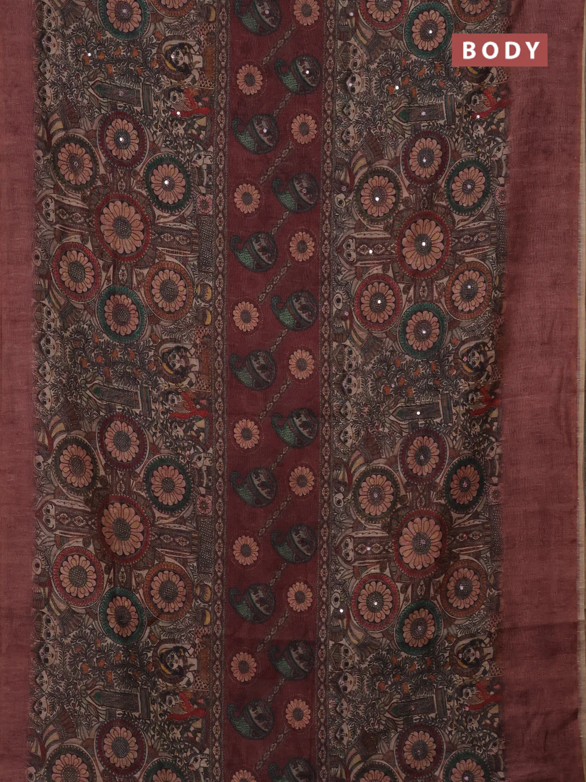 Semi linen saree pastel maroon with allover madhubani prints & mirror work - Image 2