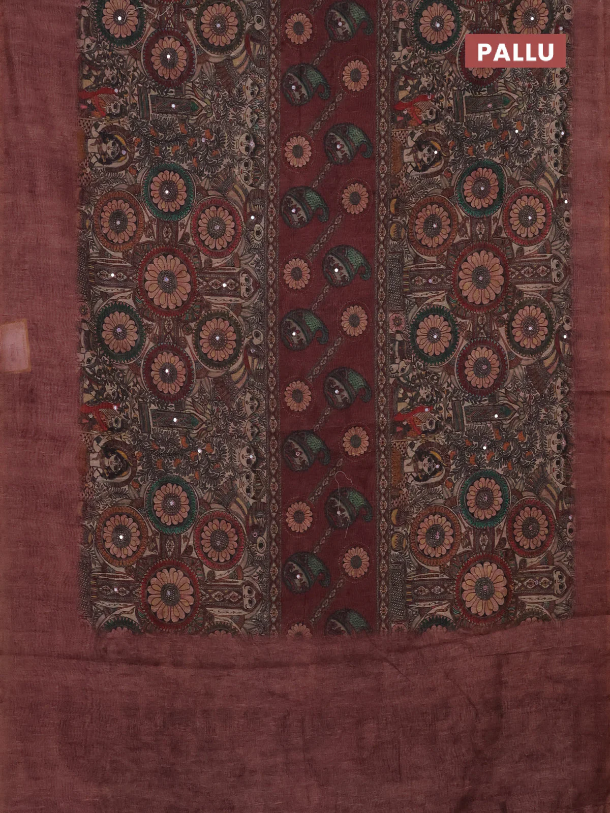 Semi linen saree pastel maroon with allover madhubani prints & mirror work - Image 3