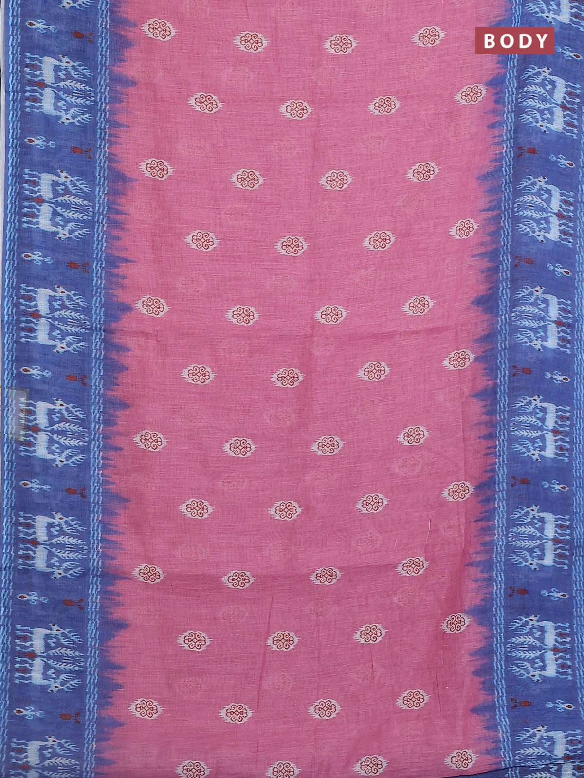 Semi linen saree pastel pink and blue with allover ikat butta prints and long printed border - Image 2