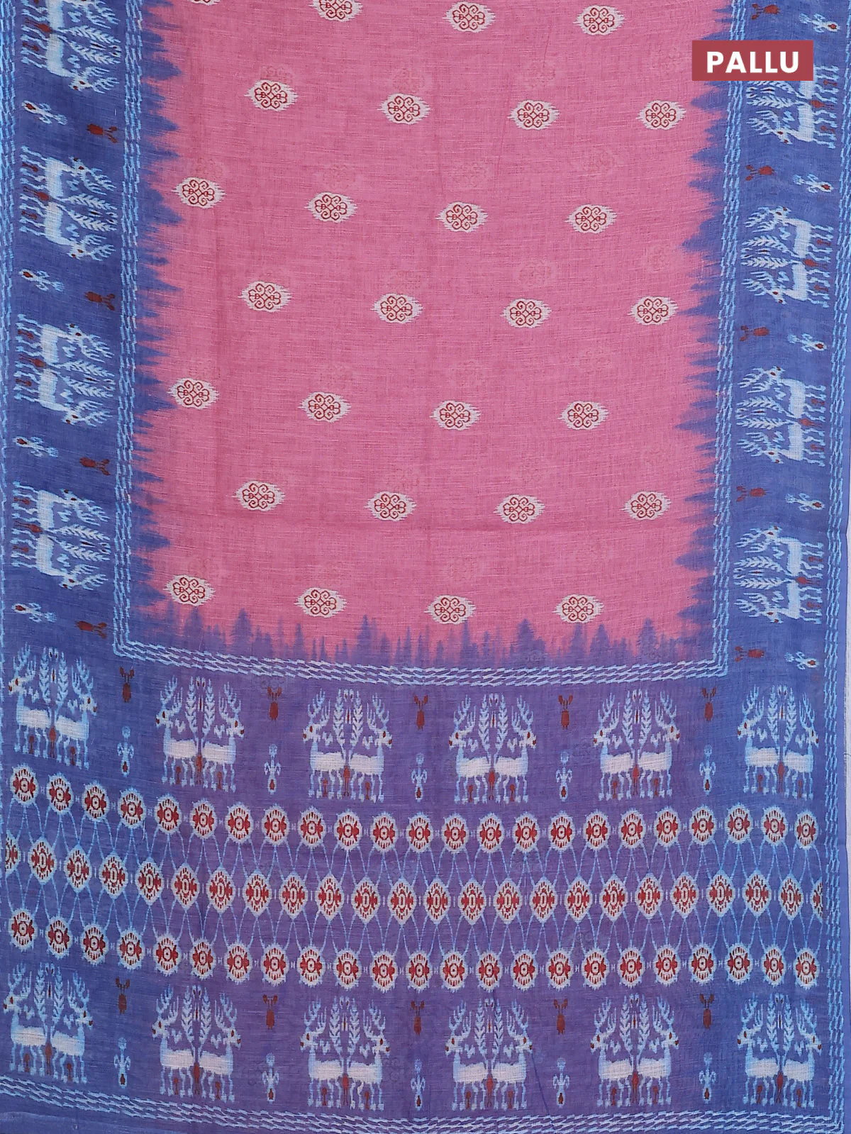 Semi linen saree pastel pink and blue with allover ikat butta prints and long printed border - Image 3