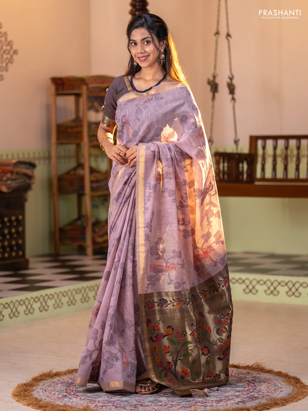 Semi linen saree pastel pink and purple shade with allover thread weaves and paithani pallu - Image 2