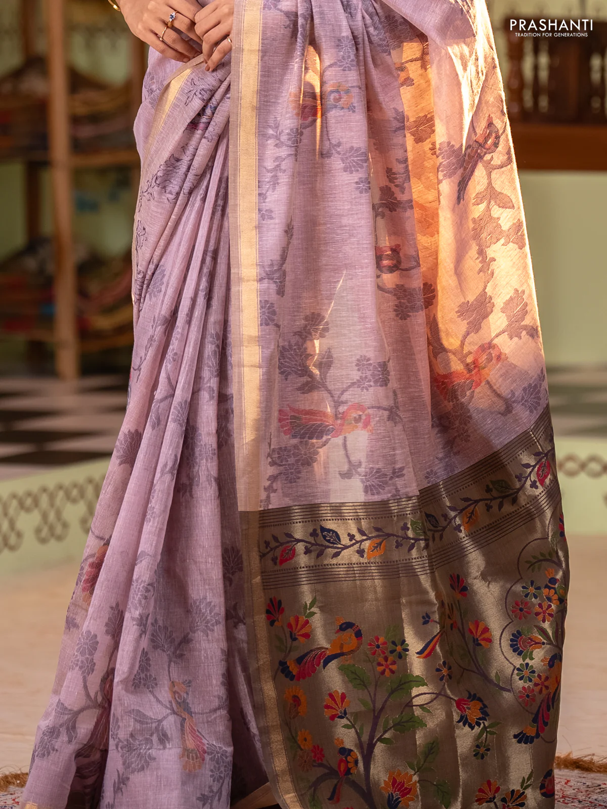 Semi linen saree pastel pink and purple shade with allover thread weaves and paithani pallu - Image 3