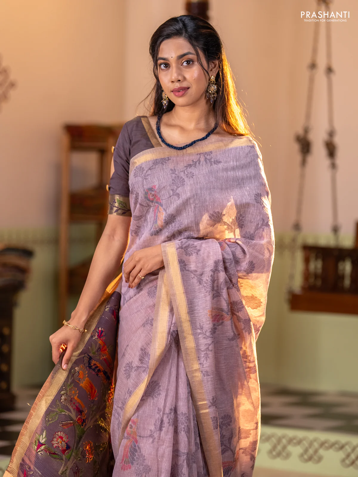 Semi linen saree pastel pink and purple shade with allover thread weaves and paithani pallu - Image 4