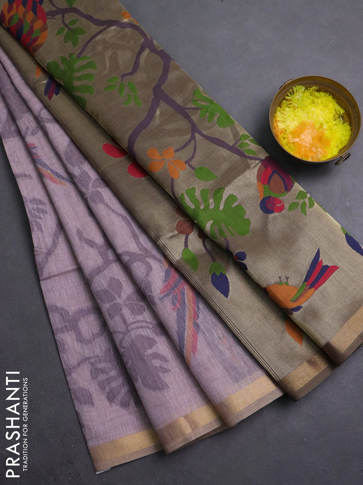 Semi linen saree pastel pink and purple shade with allover thread weaves and paithani pallu - Image 5