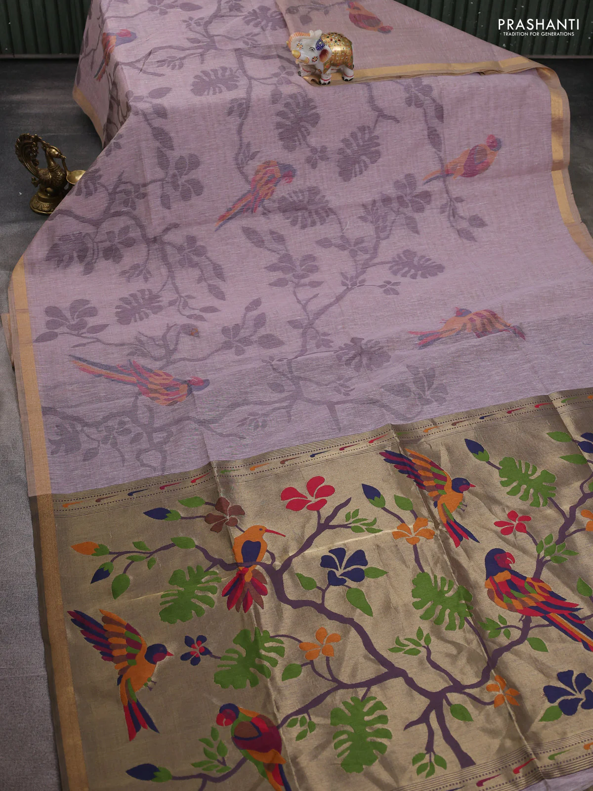 Semi linen saree pastel pink and purple shade with allover thread weaves and paithani pallu - Image 6