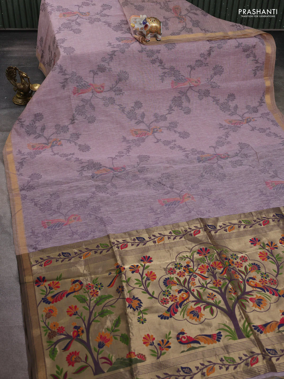 Semi linen saree pastel pink and purple shade with allover thread weaves and paithani pallu - Image 2