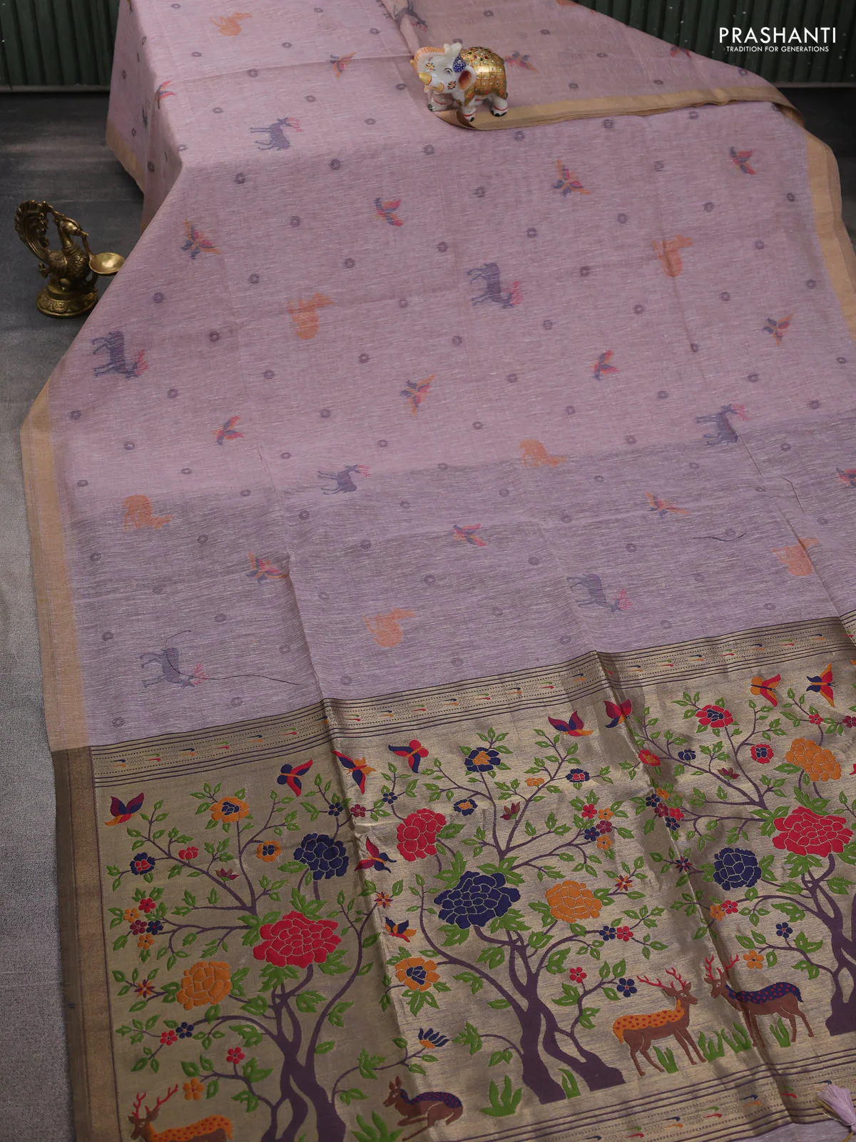 Semi linen saree pastel pink and purple shade with allover thread woven buttas and paithani pallu - Image 2