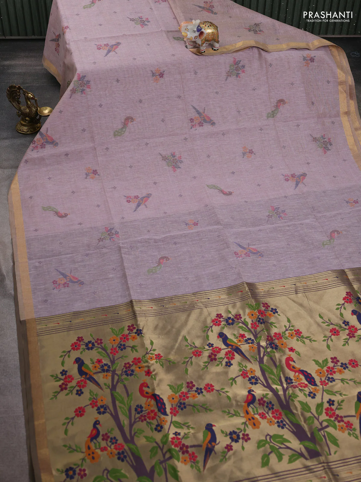 Semi linen saree pastel pink and wine shade with allover thread woven buttas and paithani pallu - Image 2