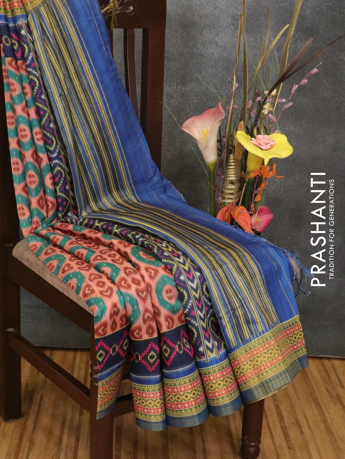 Semi linen saree peach and blue with allover prints and simple border - Image 2