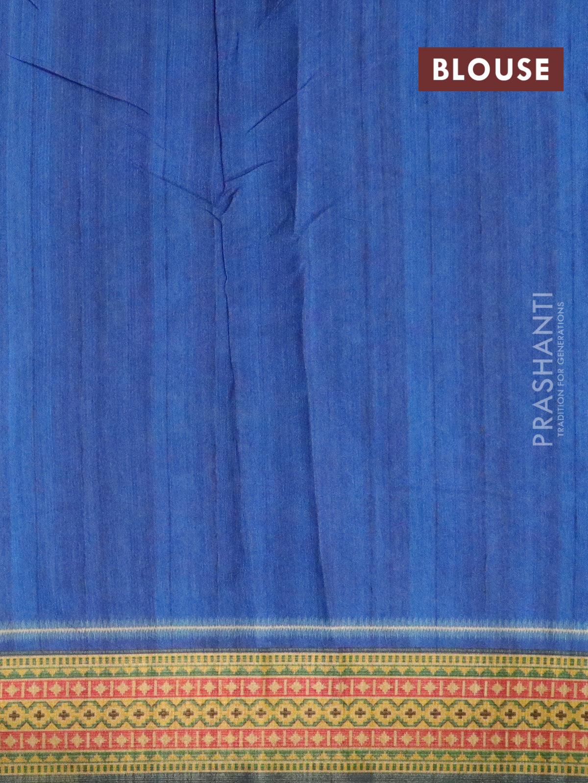Semi linen saree peach and blue with allover prints and simple border - Image 3