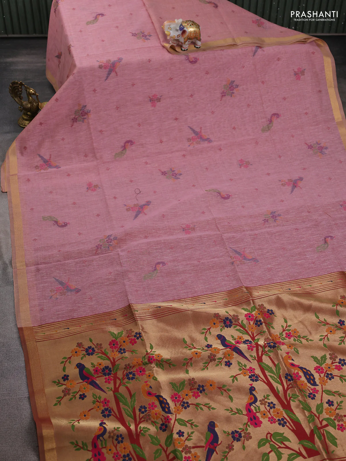 Semi linen saree peach pink and maroon with allover thread woven buttas and paithani pallu - Image 2