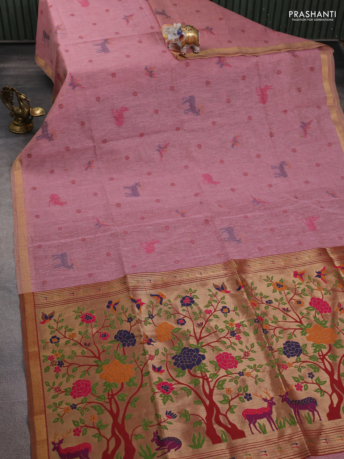 Semi linen saree peach pink and maroon with allover thread woven buttas and paithani pallu - Image 2