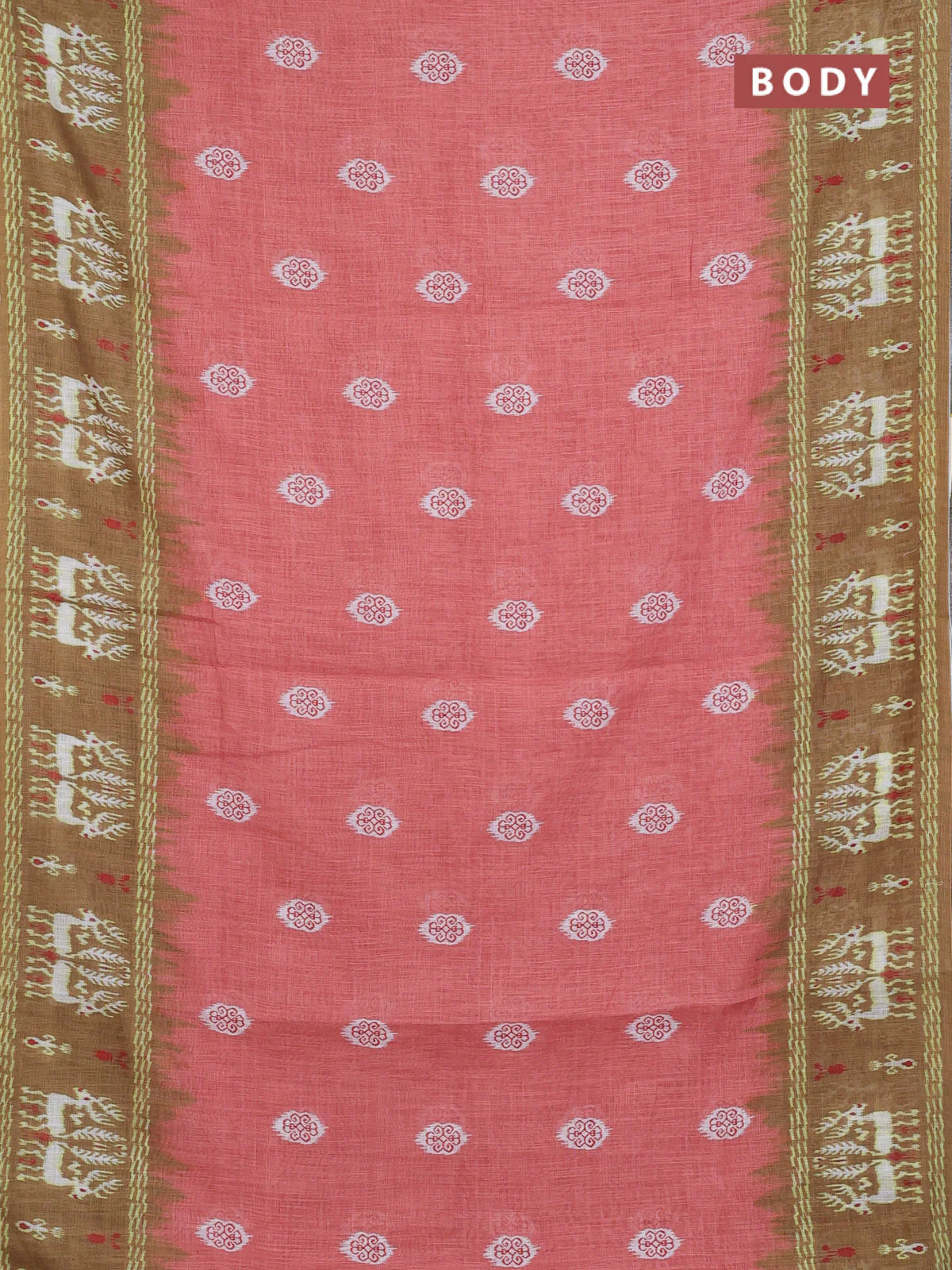 Semi linen saree peach shade and mehendi green with allover ikat butta prints and long printed border - Image 2