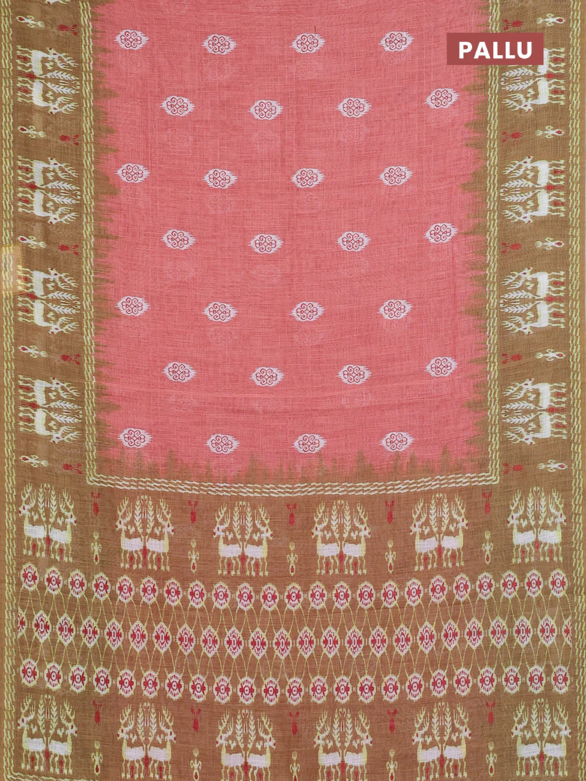 Semi linen saree peach shade and mehendi green with allover ikat butta prints and long printed border - Image 3