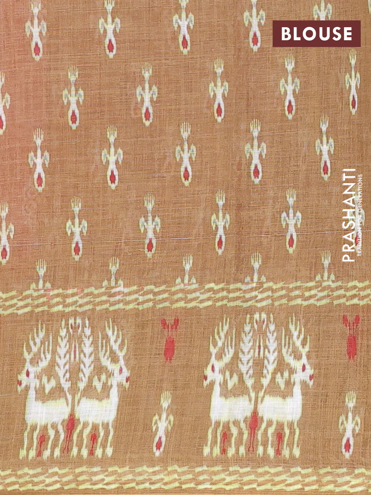 Semi linen saree peach shade and mehendi green with allover ikat butta prints and long printed border - Image 4