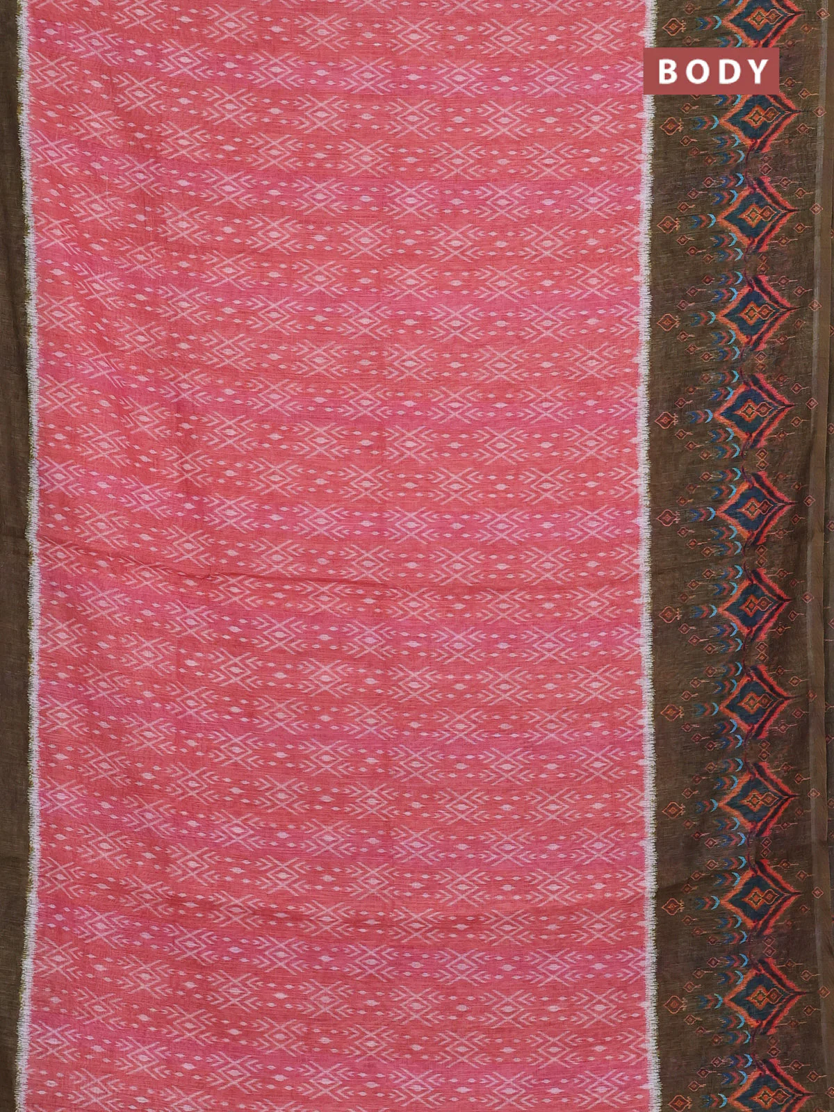 Semi linen saree peach shade and sap green with allover ikat prints and long printed border - Image 2
