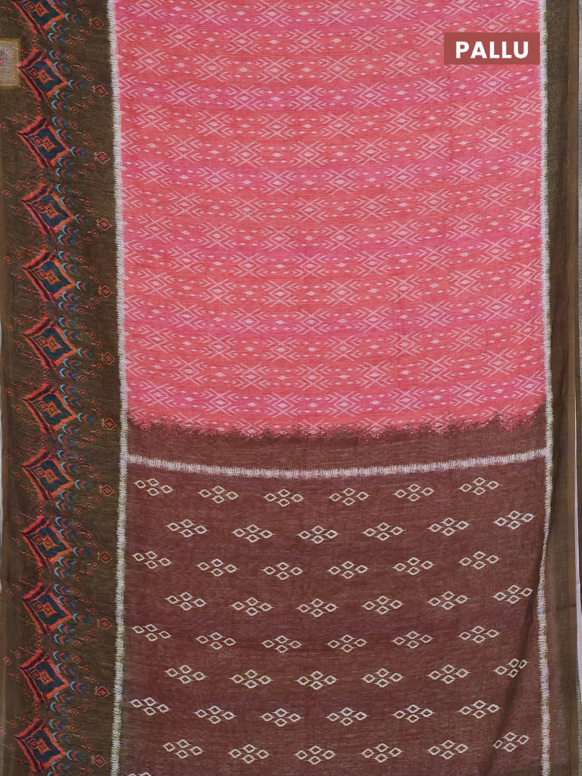 Semi linen saree peach shade and sap green with allover ikat prints and long printed border - Image 3