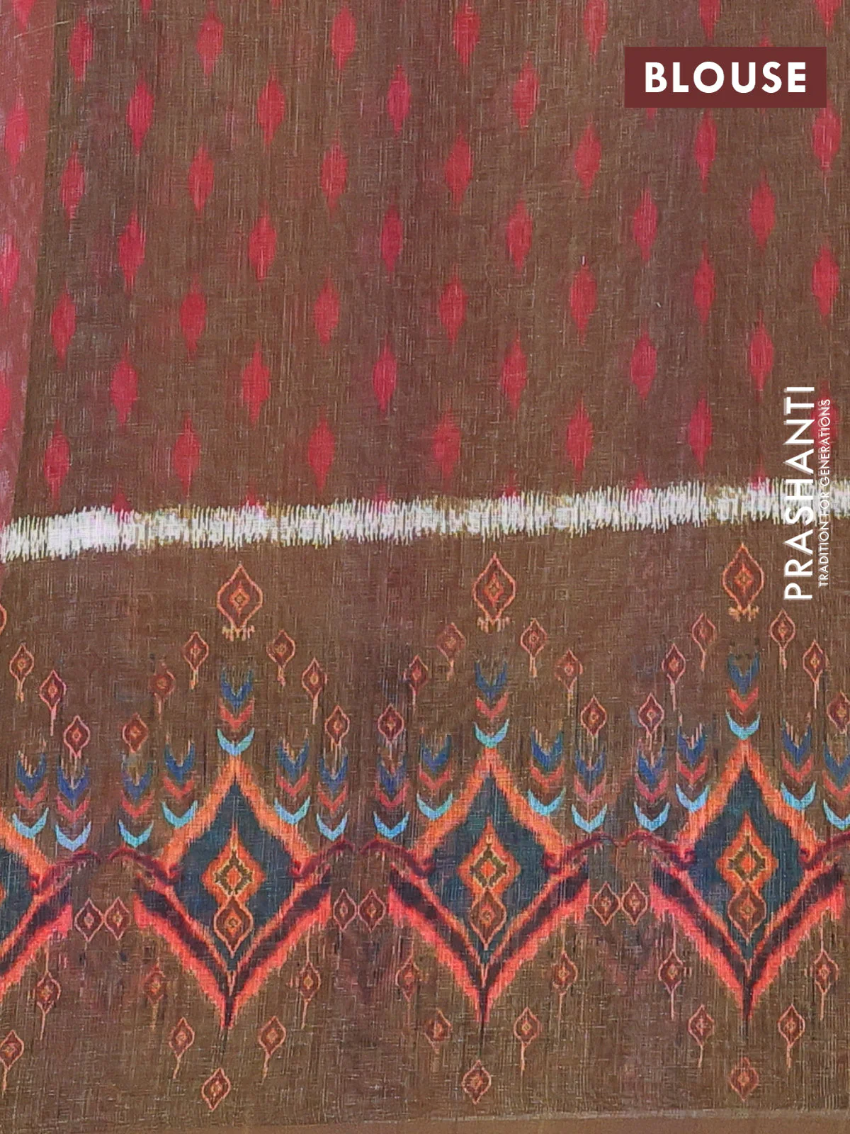 Semi linen saree peach shade and sap green with allover ikat prints and long printed border - Image 4