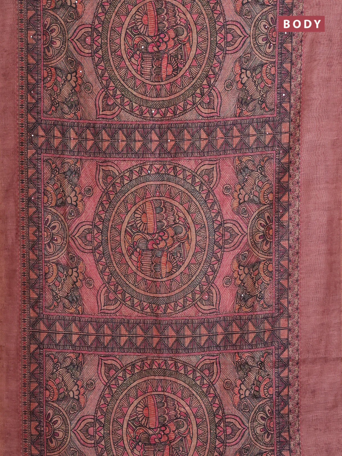 Semi linen saree peach shade with allover madhubani prints & mirror work - Image 2