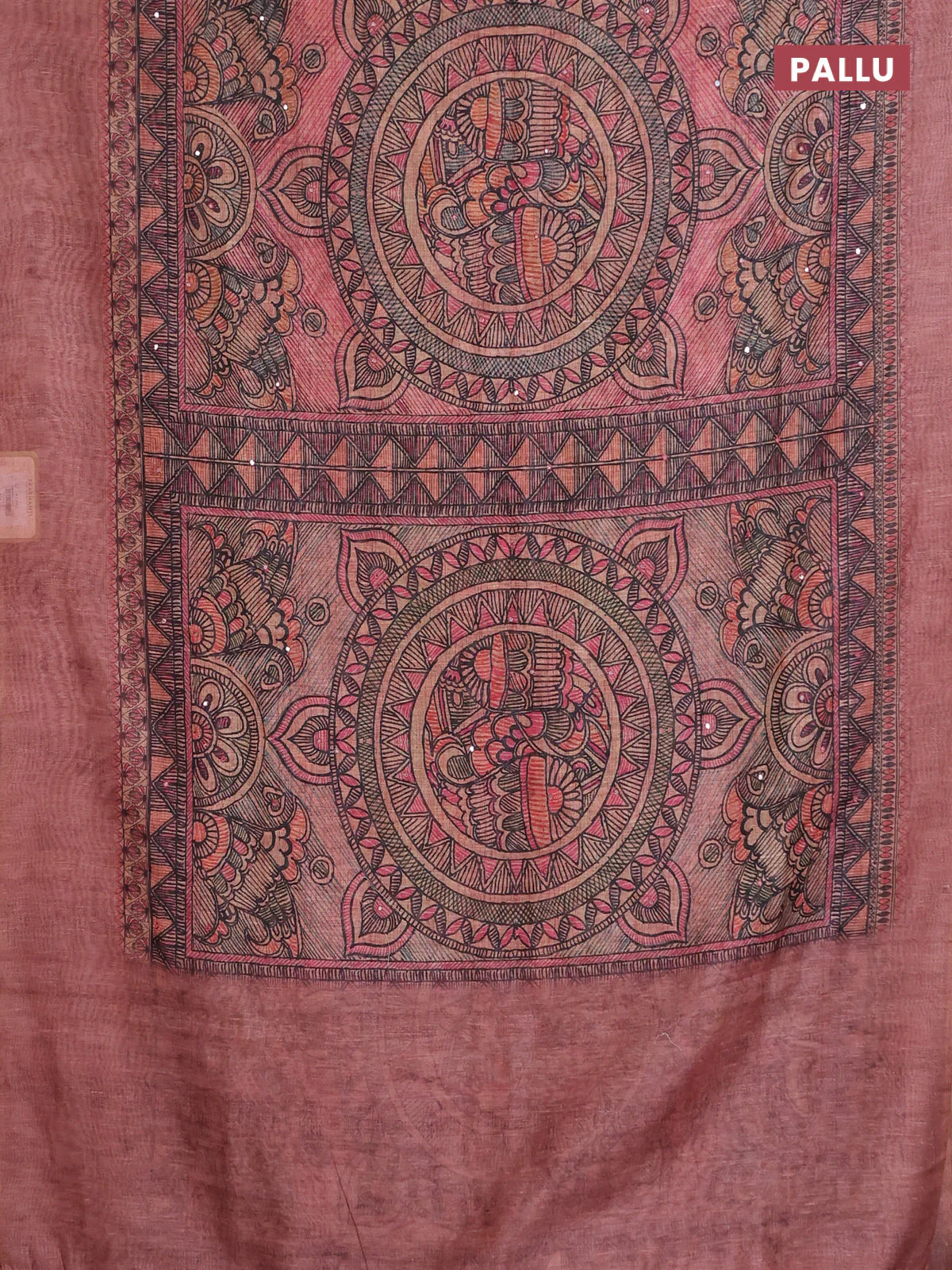 Semi linen saree peach shade with allover madhubani prints & mirror work - Image 3