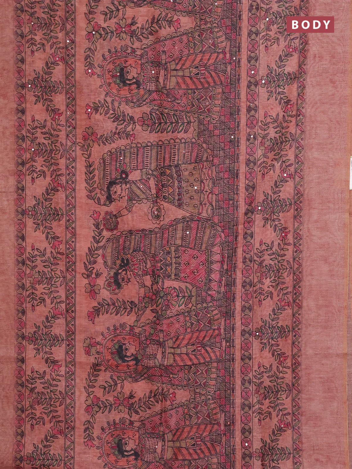 Semi linen saree peach shade with allover madhubani prints & mirror work - Image 2
