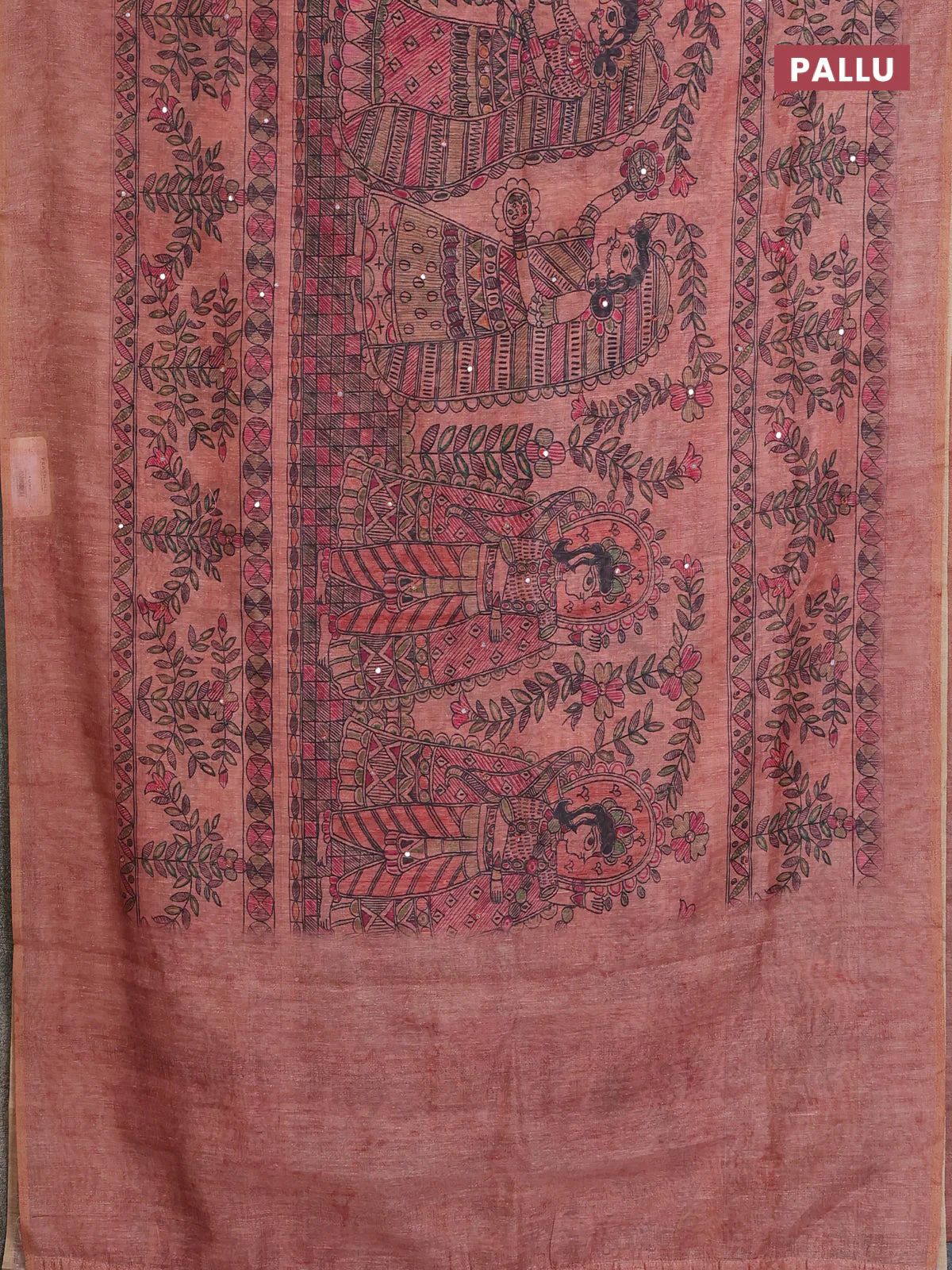 Semi linen saree peach shade with allover madhubani prints & mirror work - Image 3