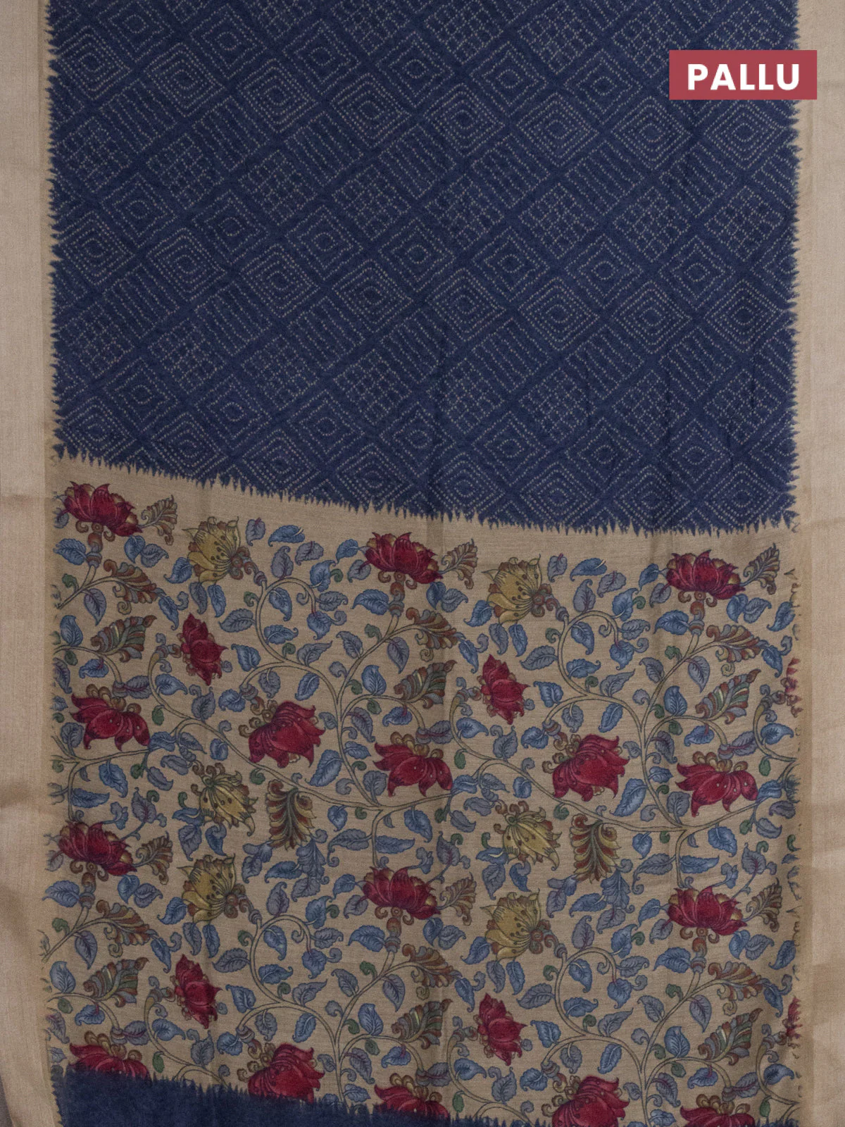 Semi linen saree peacock blue and beige with allover bandhani prints and kalamkari printed pallu & blouse - Image 3