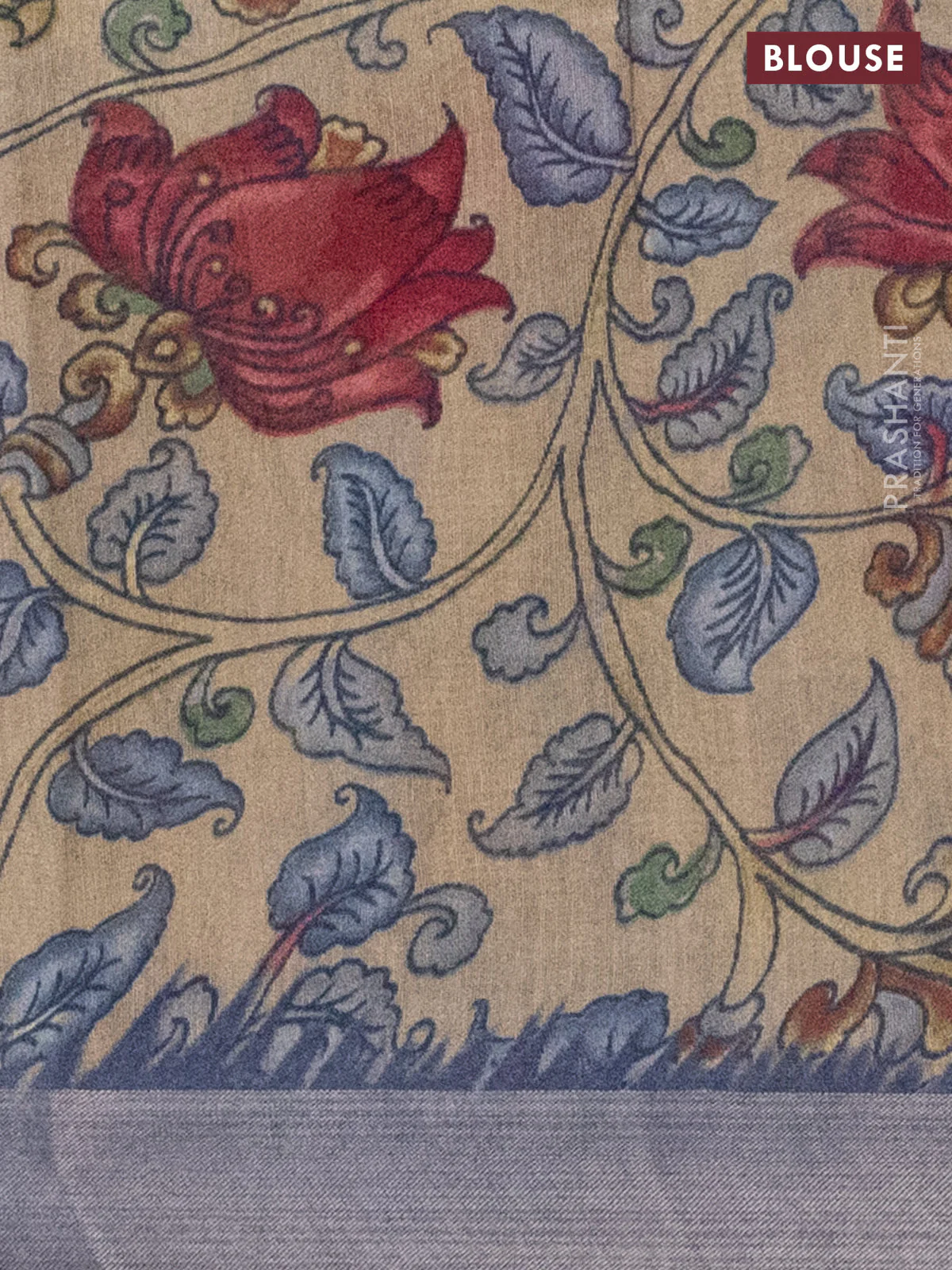 Semi linen saree peacock blue and beige with allover bandhani prints and kalamkari printed pallu & blouse - Image 4