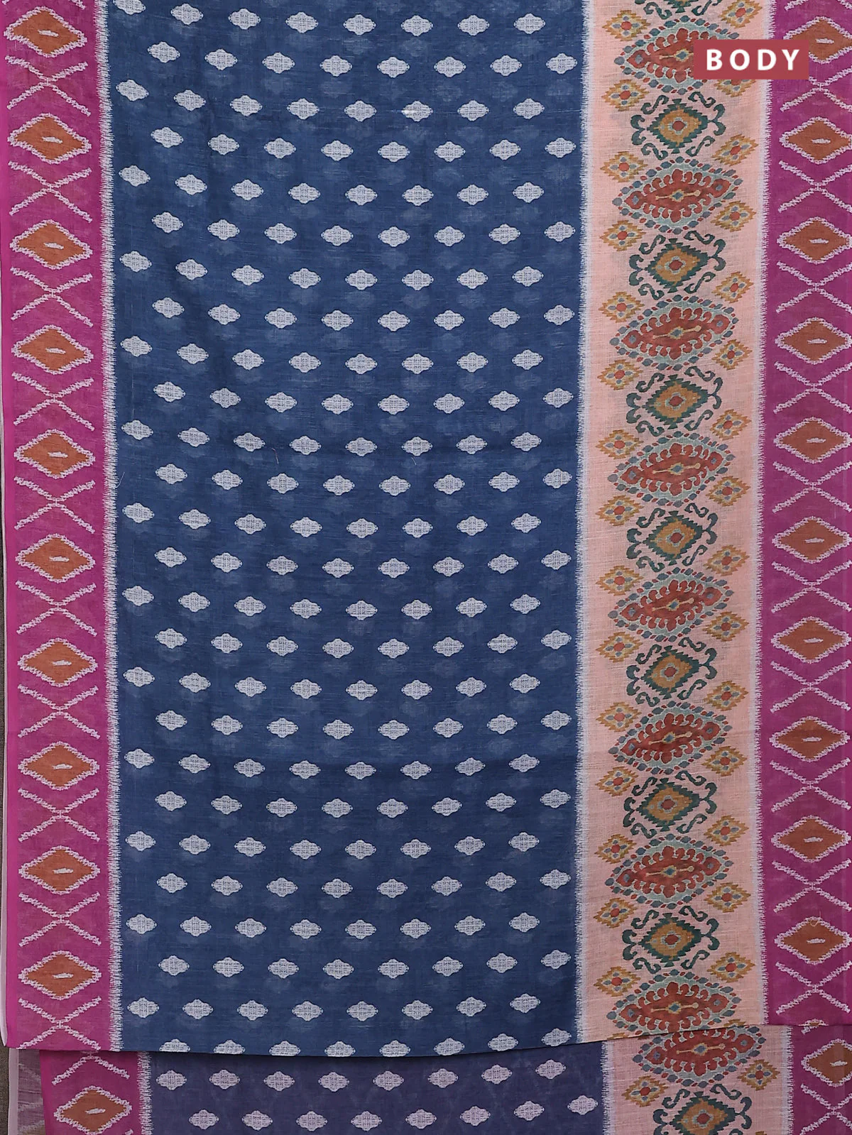 Semi linen saree peacock blue and pink shade with allover ikat butta prints and printed border - Image 2