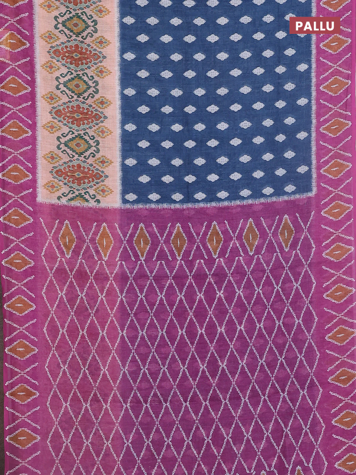 Semi linen saree peacock blue and pink shade with allover ikat butta prints and printed border - Image 3