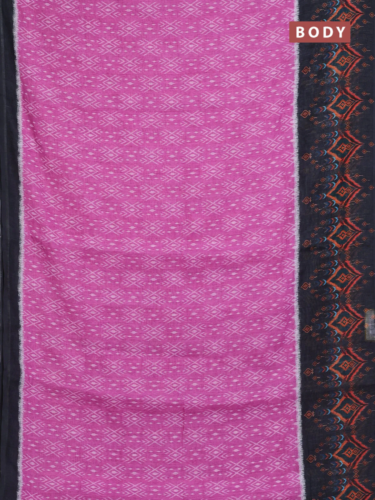 Semi linen saree pink and black with allover ikat prints and long printed border - Image 2