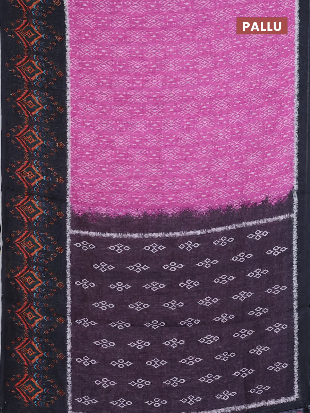 Semi linen saree pink and black with allover ikat prints and long printed border - Image 3