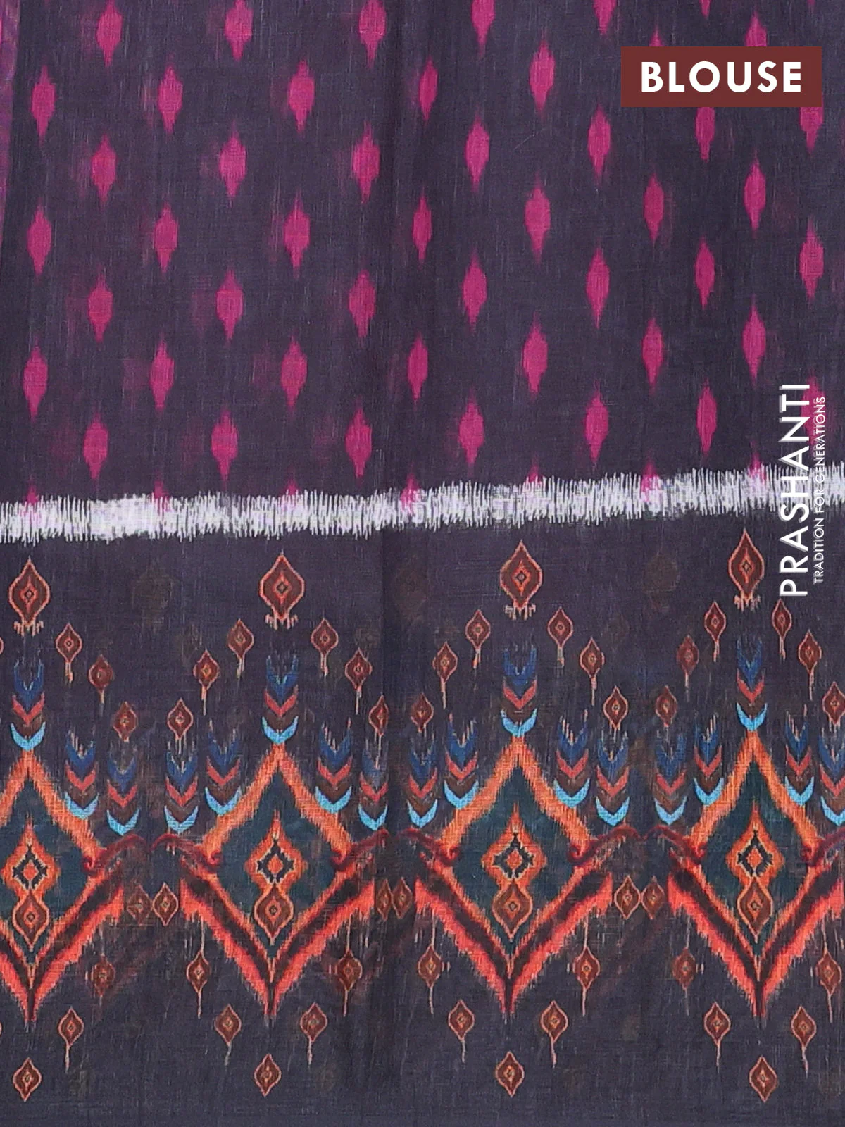 Semi linen saree pink and black with allover ikat prints and long printed border - Image 4