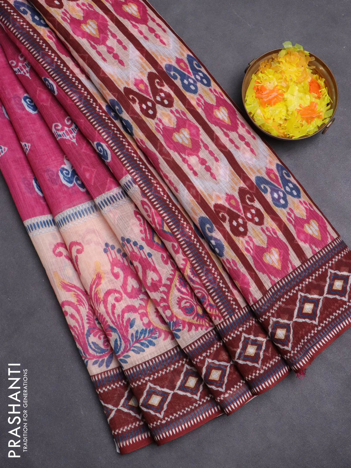 Semi linen saree pink and brown with allover ikat butta prints and printed border