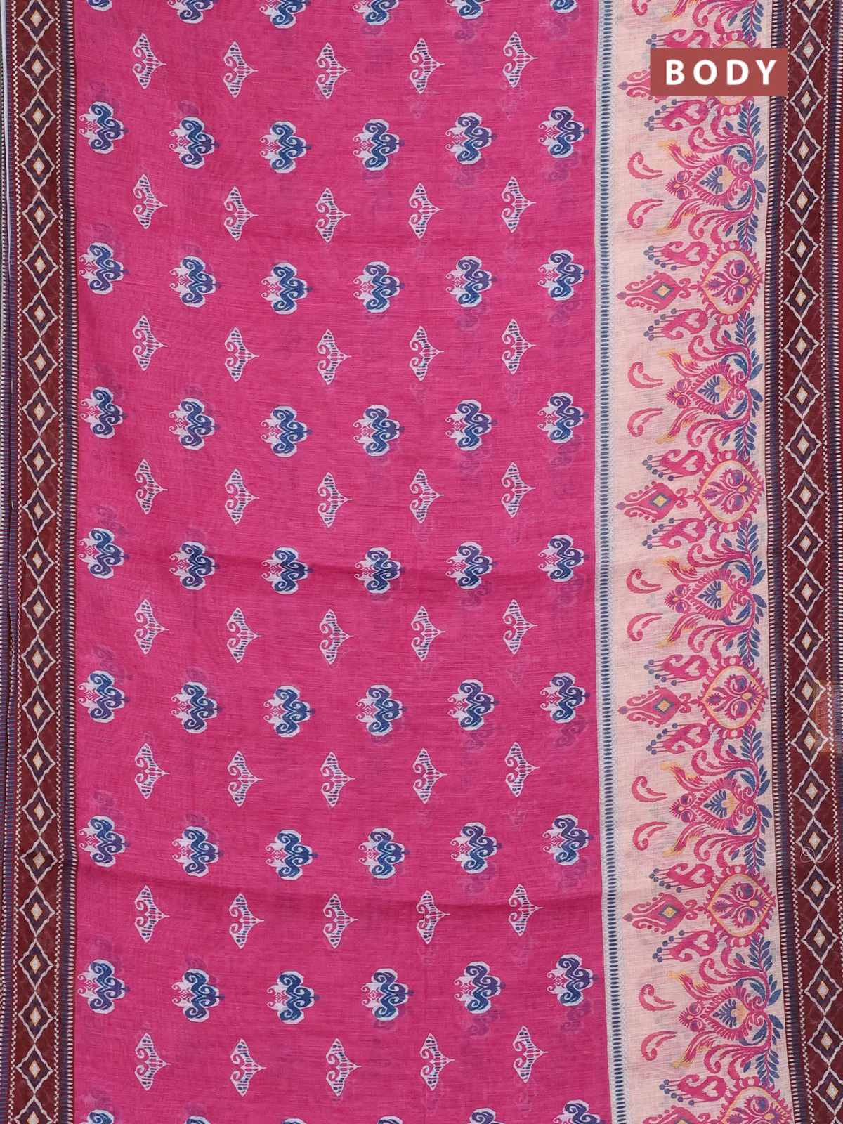 Semi linen saree pink and brown with allover ikat butta prints and printed border - Image 2