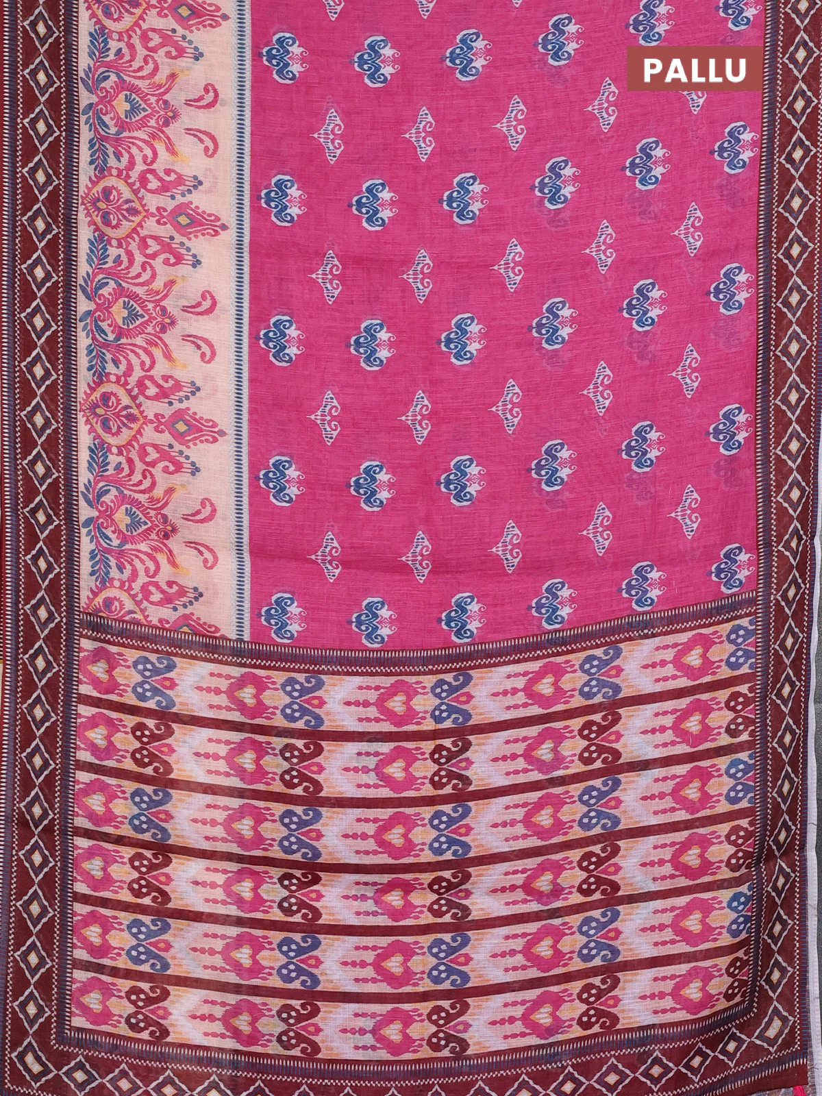 Semi linen saree pink and brown with allover ikat butta prints and printed border - Image 3