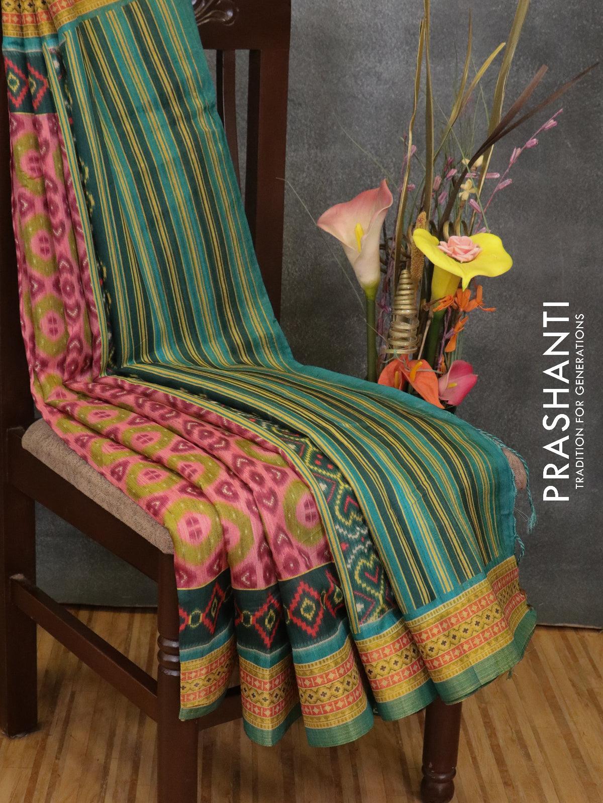 Semi linen saree pink and green with allover prints and simple border - IVO1525 - Image 2