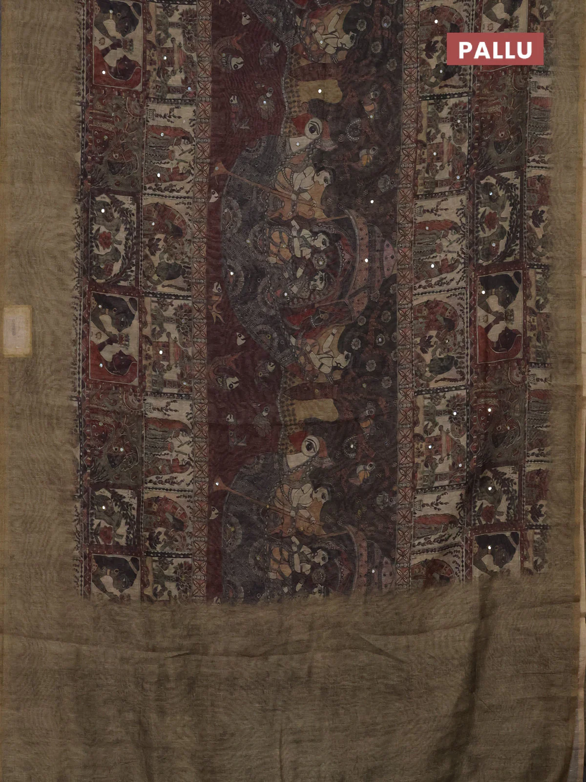 Semi linen saree pista green shade with allover madhubani prints & mirror work - Image 3