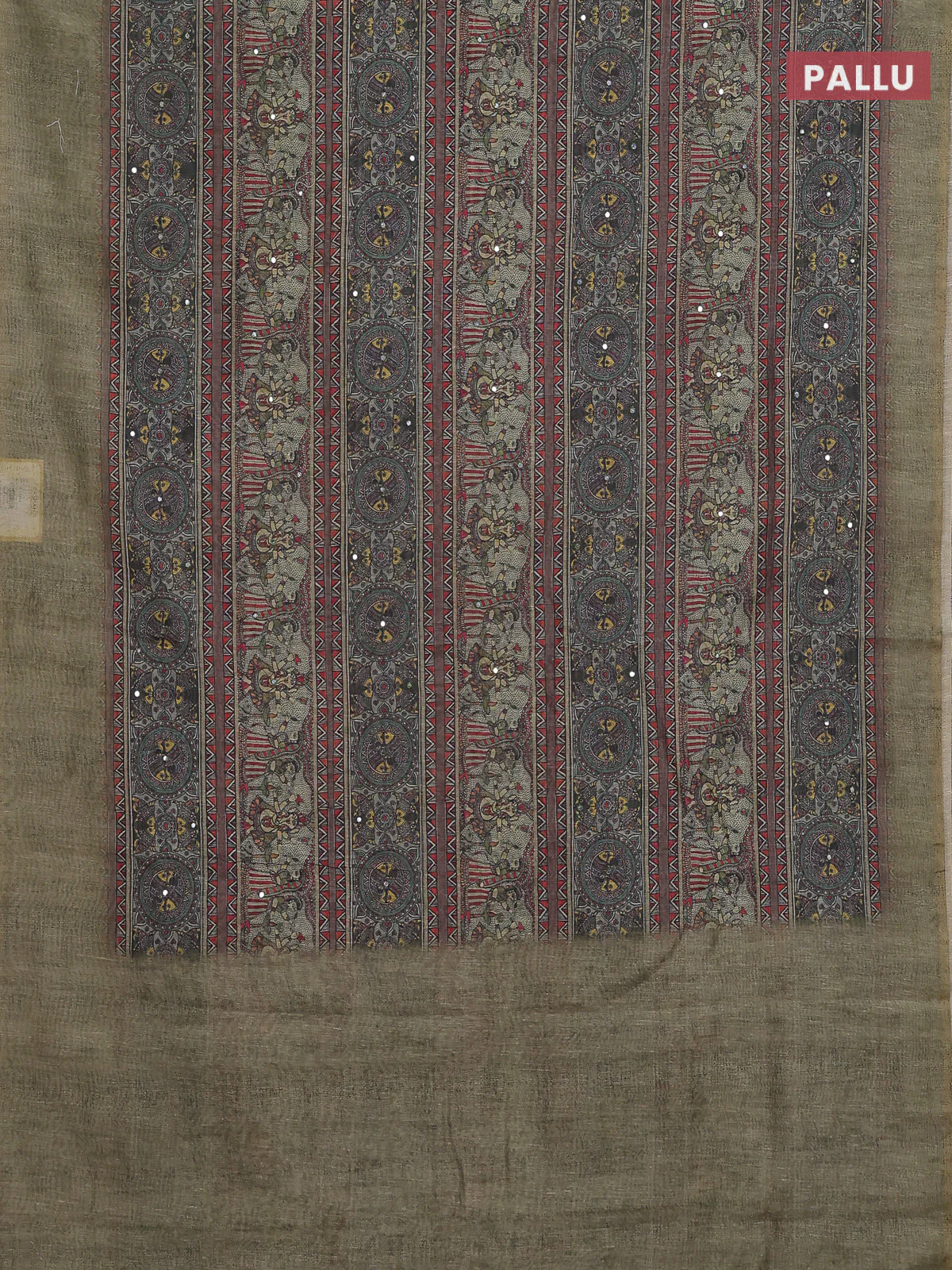 Semi linen saree pista green with allover madhubani prints & mirror work - Image 3