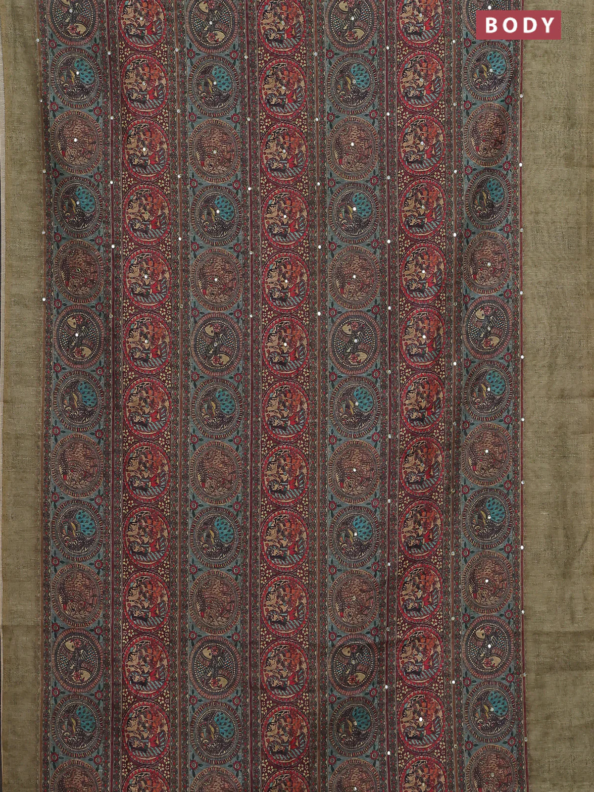 Semi linen saree pista green with allover madhubani prints & mirror work - Image 2