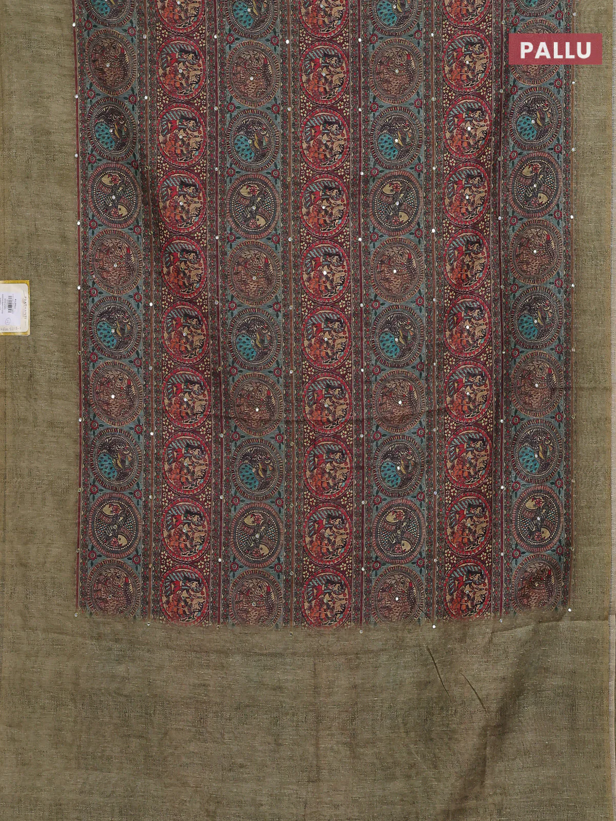 Semi linen saree pista green with allover madhubani prints & mirror work - Image 3