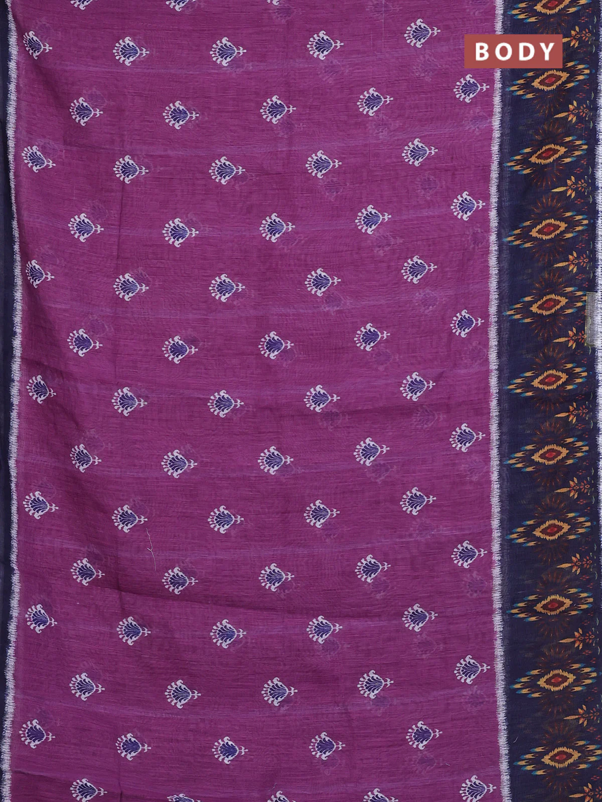 Semi linen saree purple and blue with allover ikat butta prints and long printed border - Image 2