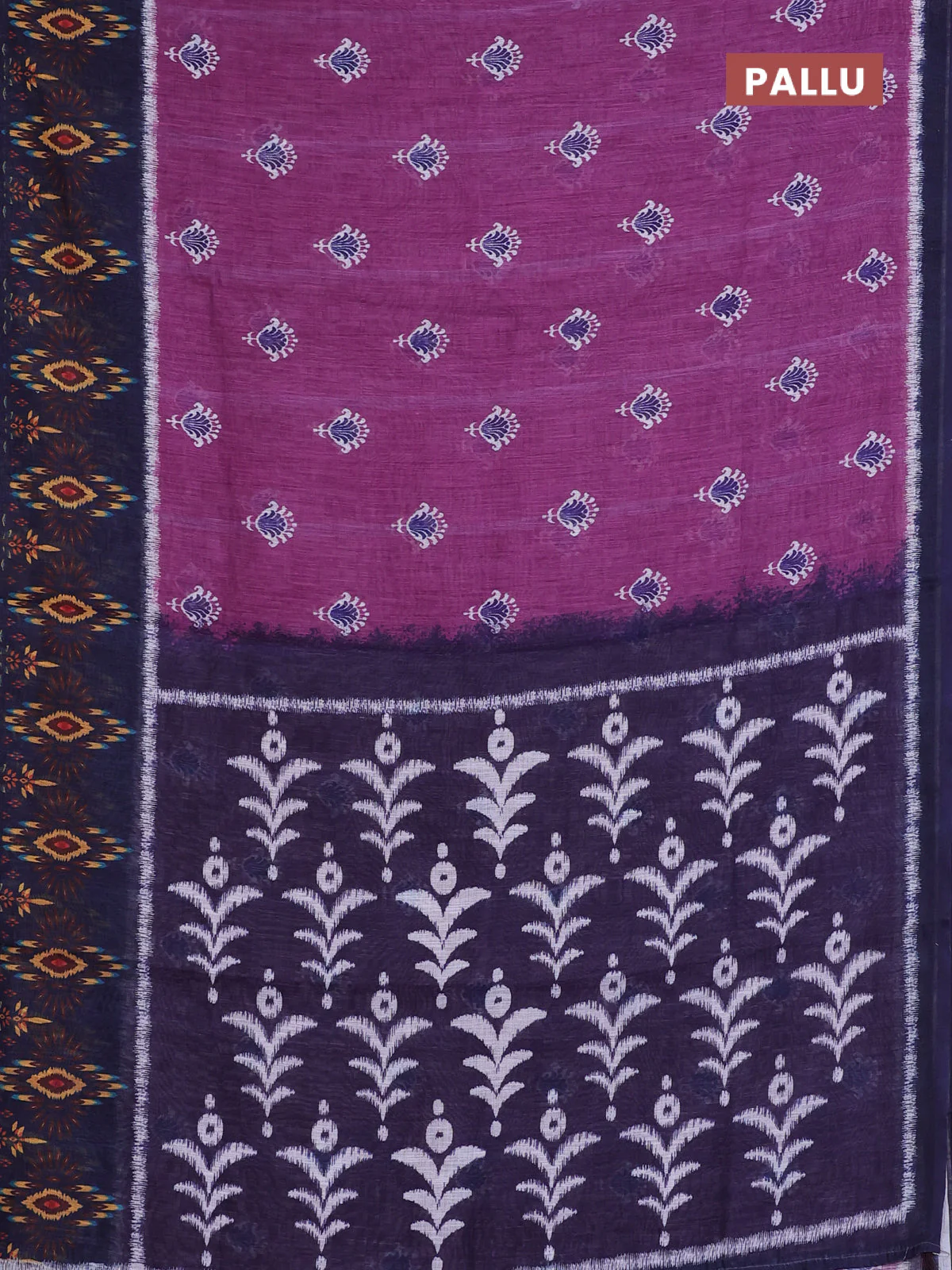 Semi linen saree purple and blue with allover ikat butta prints and long printed border - Image 3