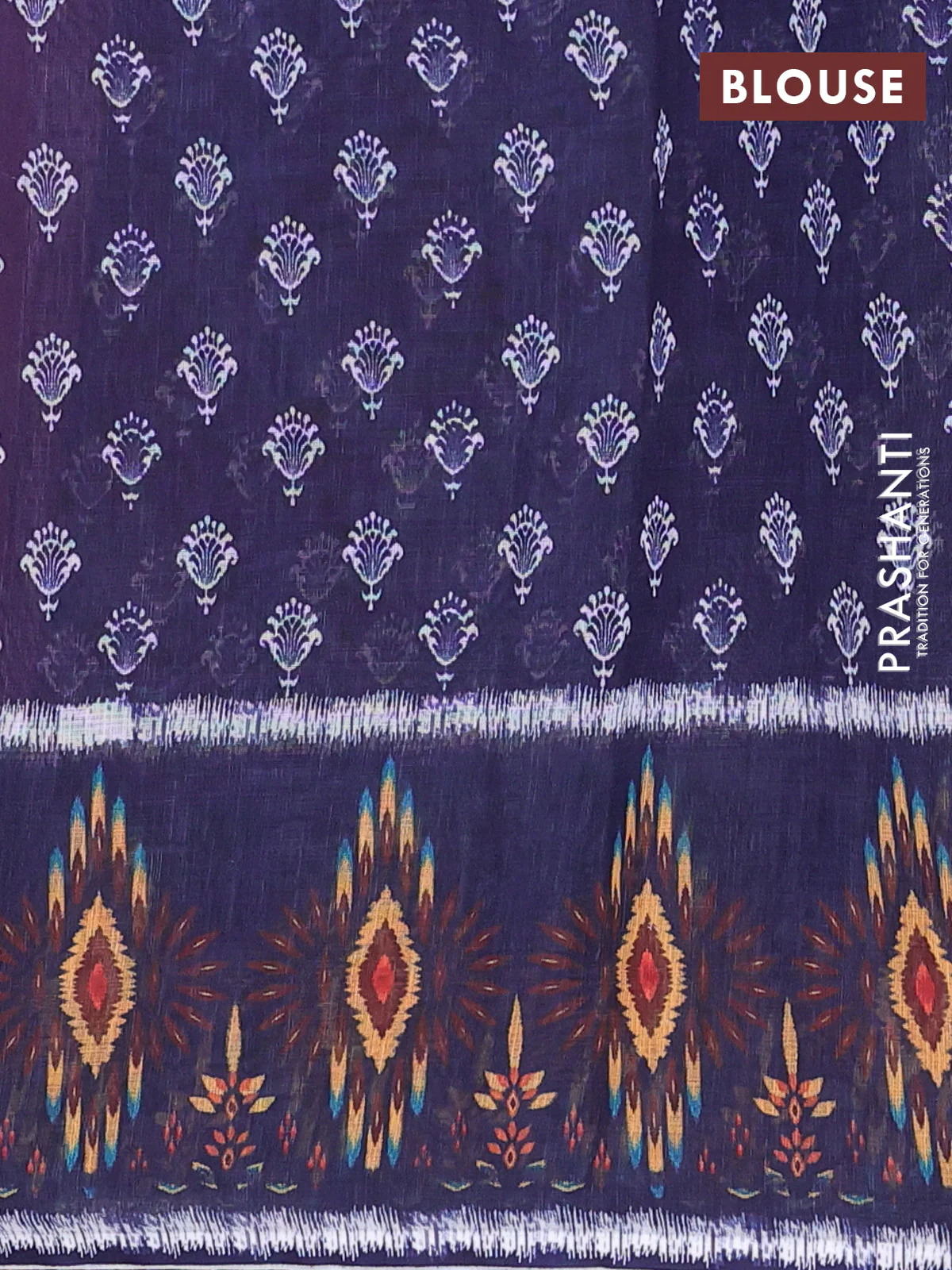 Semi linen saree purple and blue with allover ikat butta prints and long printed border - Image 4