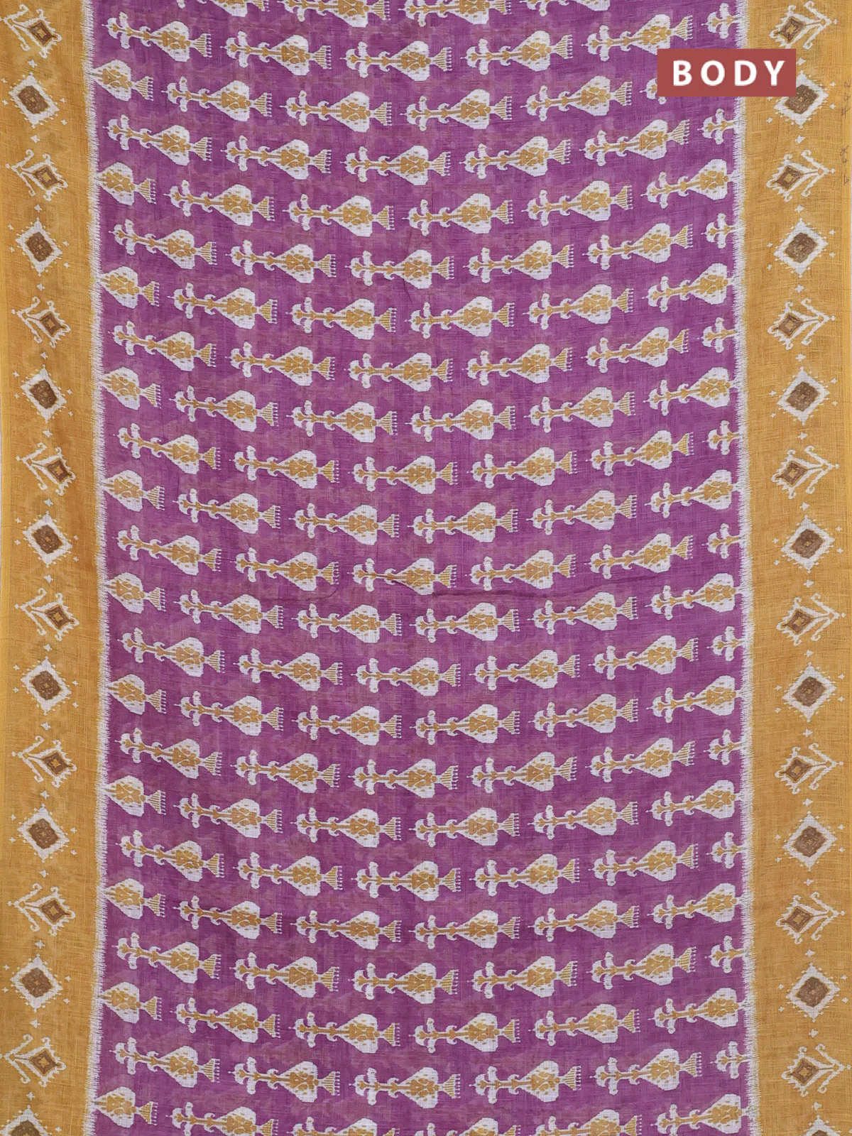 Semi linen saree purple and dark mustard with allover ikat prints and long printed border - Image 2