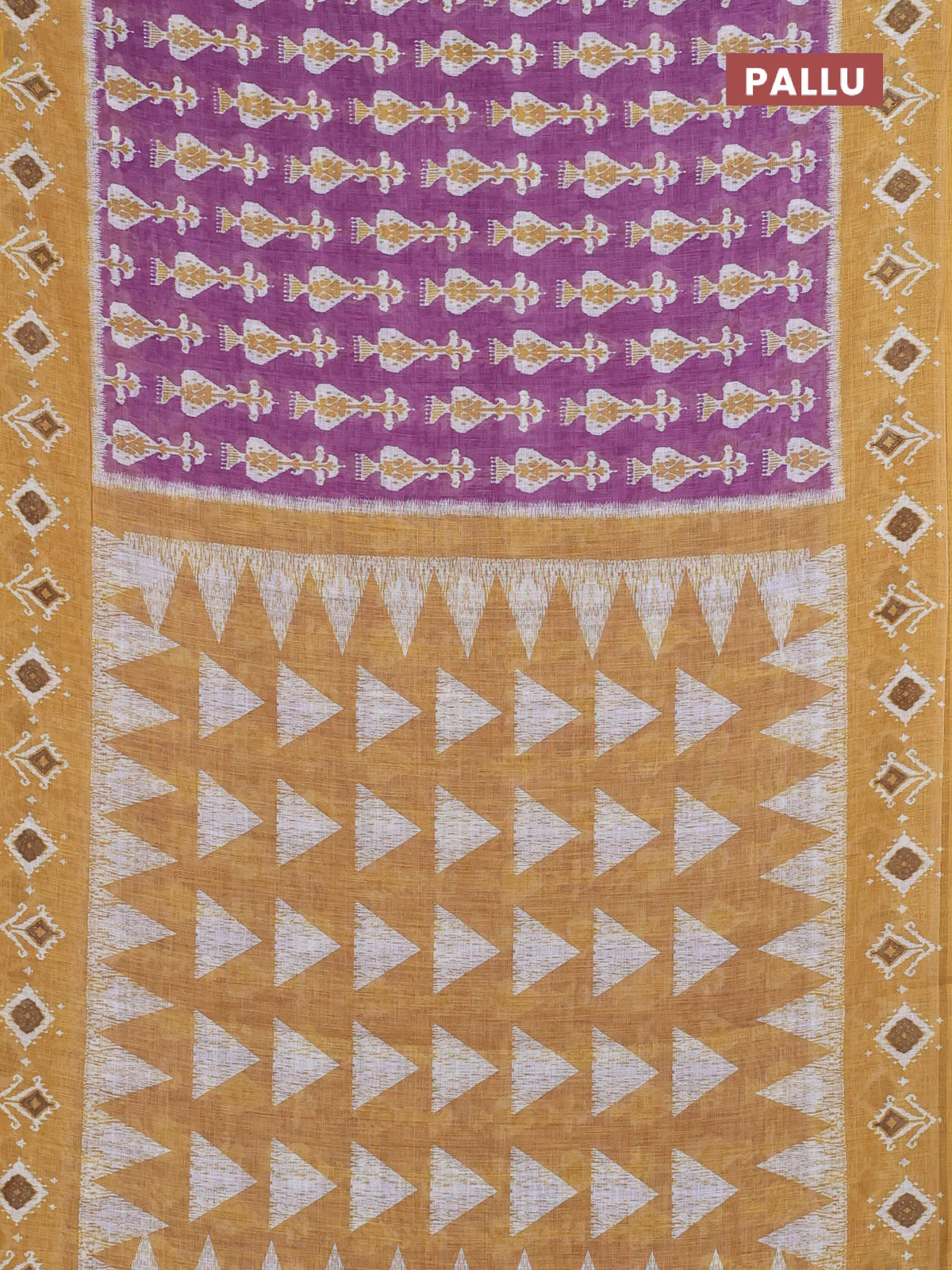 Semi linen saree purple and dark mustard with allover ikat prints and long printed border - Image 3