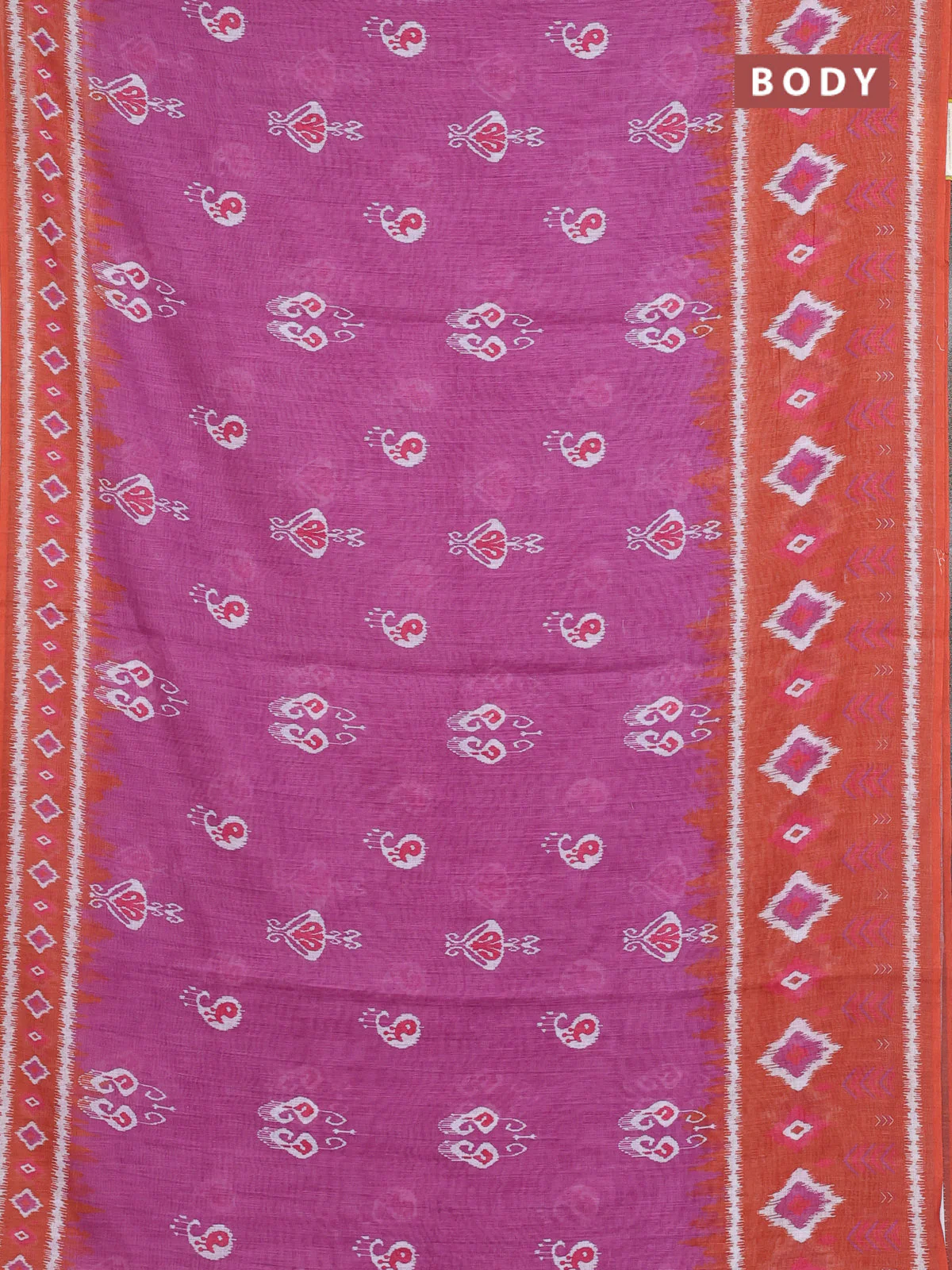 Semi linen saree purple and rust shade with allover ikat butta prints and long printed border - Image 2