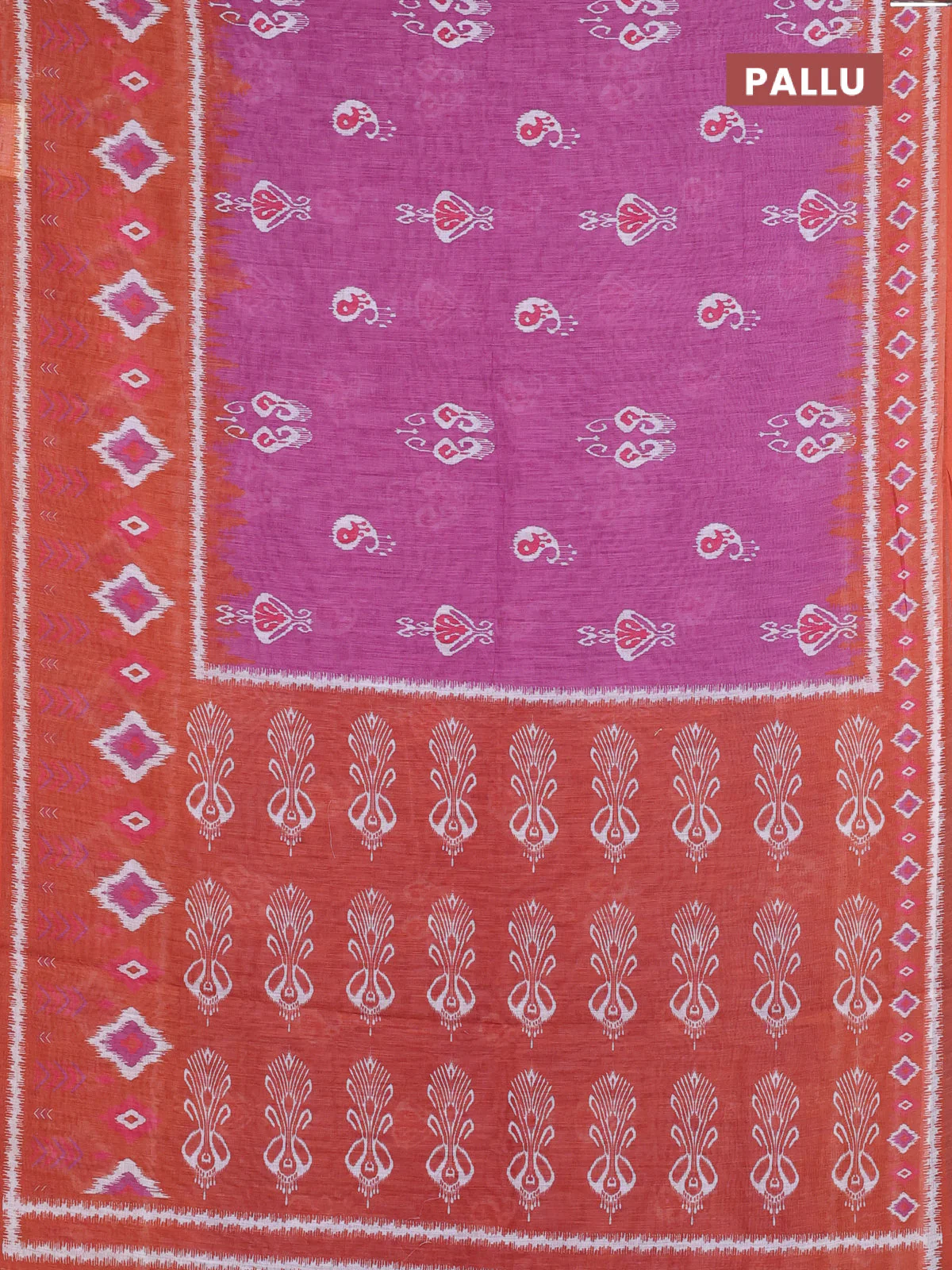 Semi linen saree purple and rust shade with allover ikat butta prints and long printed border - Image 3