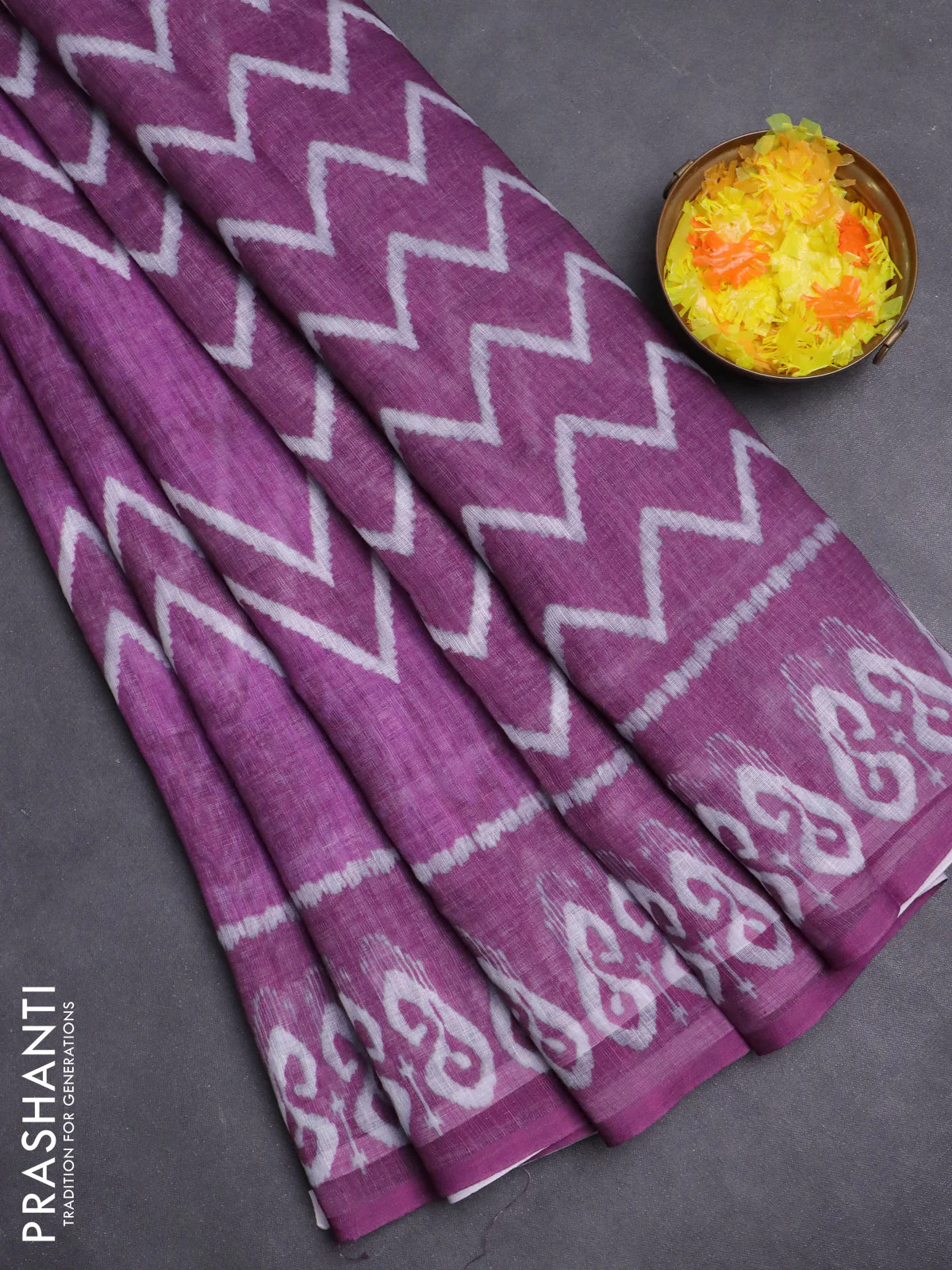 Semi linen saree purple with allover ikat prints and printed border