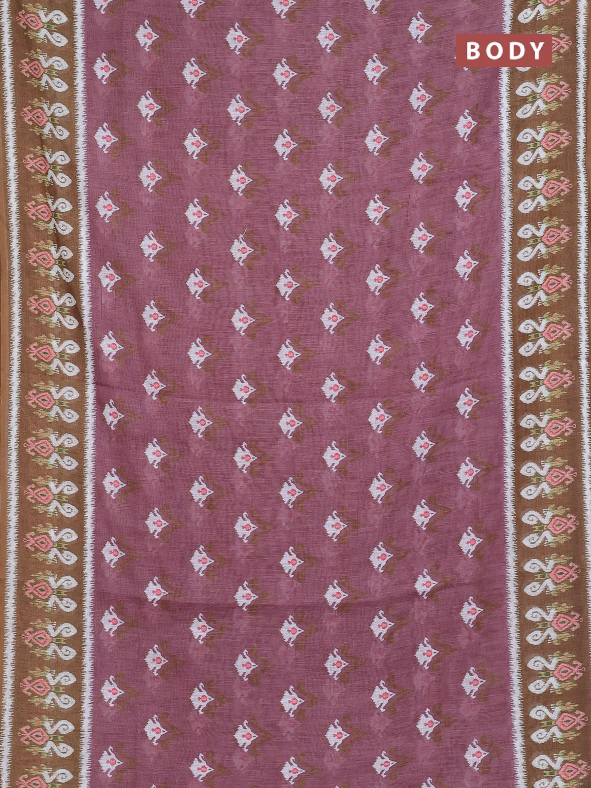 Semi linen saree rosy brown and mehendi green with allover ikat butta prints and printed border - Image 2